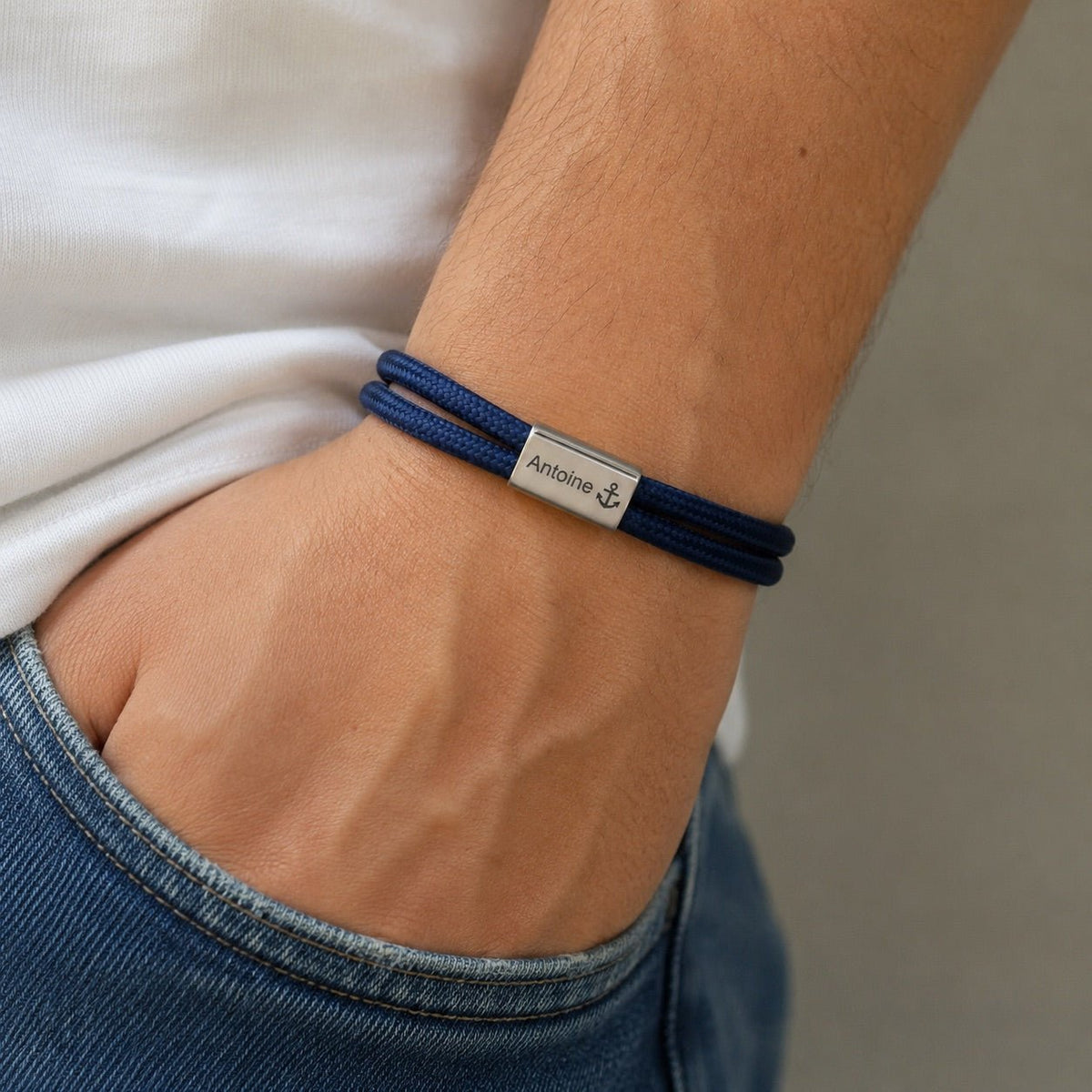 Customizable paracord bracelet, engravable stainless steel plate, adjustable, Veyron model