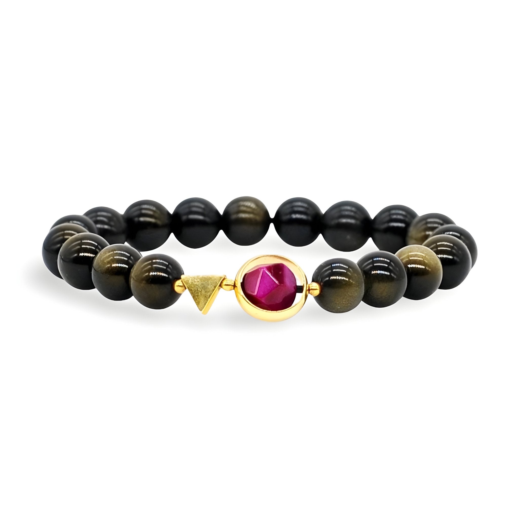 Bracelet mixte en perles d'obsidienne noire et œil de tigre avec breloque dorée et pierre rose facettée.