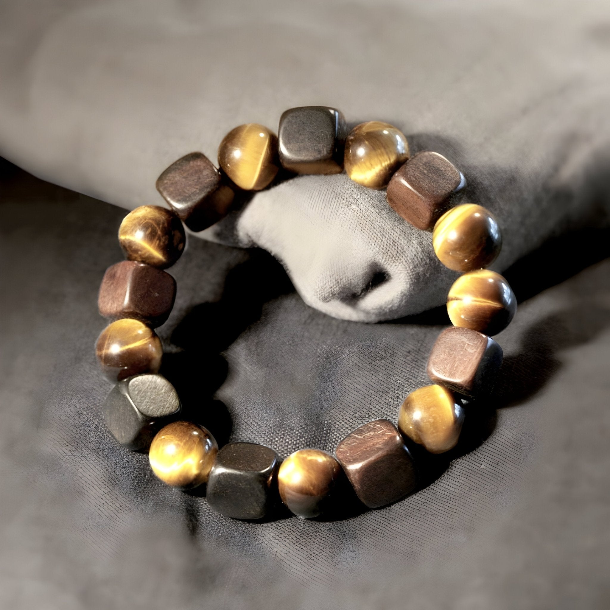 Bracelet mixte en perles ovale et carrée en oeil de tigre et bois d'ébène finition lisse.