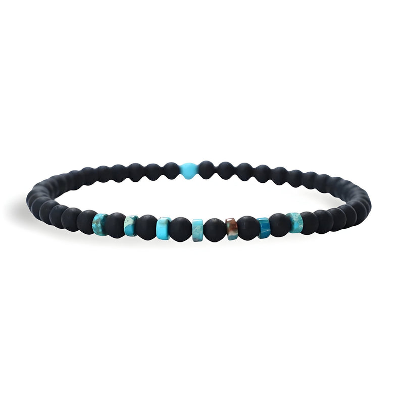 Bracelet fin pour homme en perles noires d'onyx et pierres naturelles turquoise et marron.