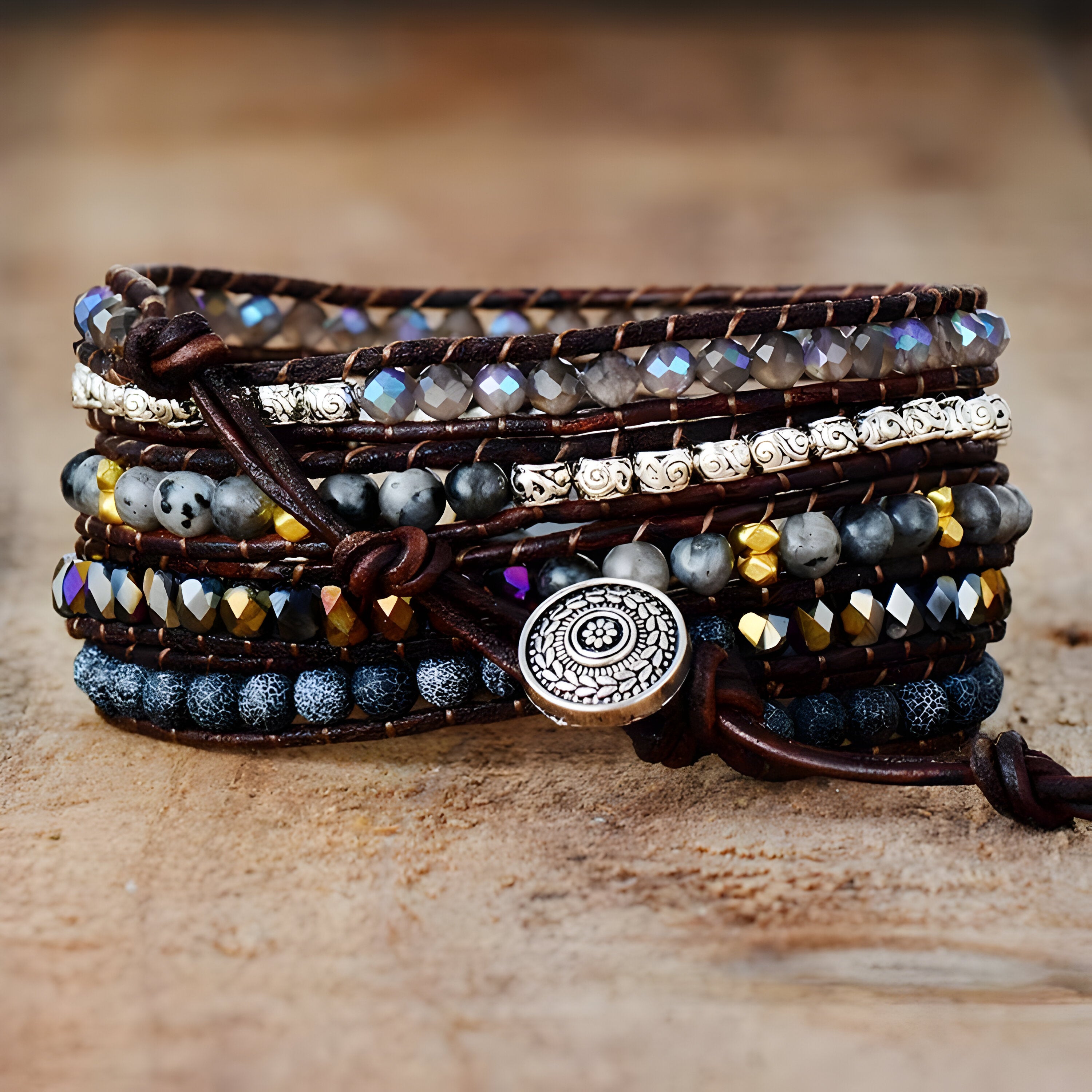 Bracelet multi-rangs pour femme en onyx noir, pierres d'agate grises, strass argentés et perles dorées, fermoir cordon en.