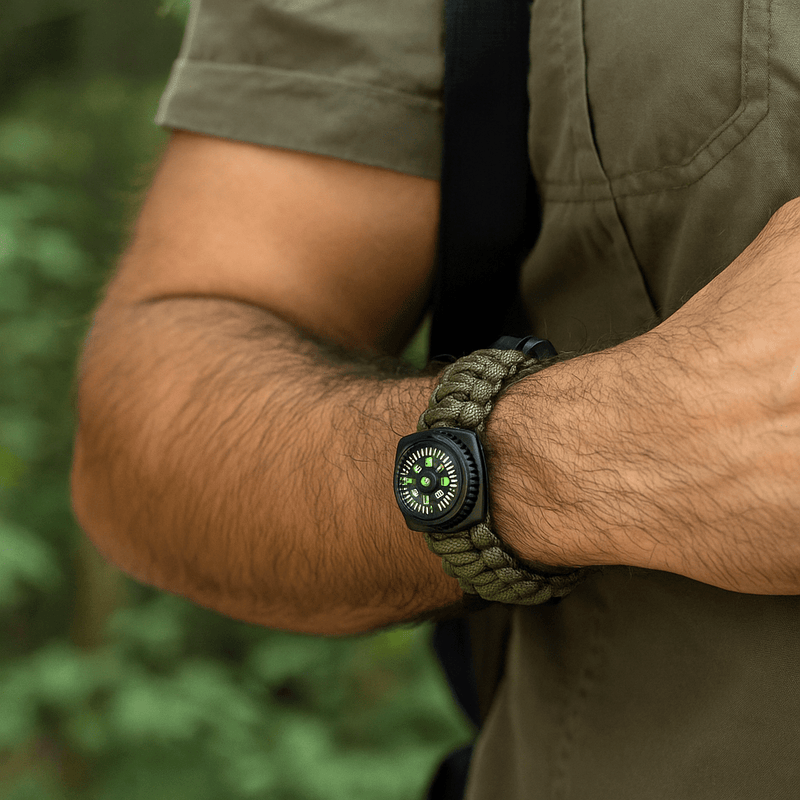 Pulsera de paracord, pulsera de supervivencia para senderismo y aventura, con silbato y brújula integrados, modelo Venz