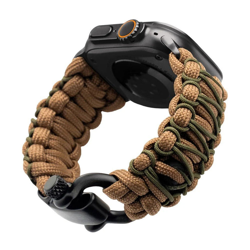 Bracelet Apple Watch Bakari en paracorde kaki et noir, style tressé, fermoir noir mat, ultra technique et ajustable.