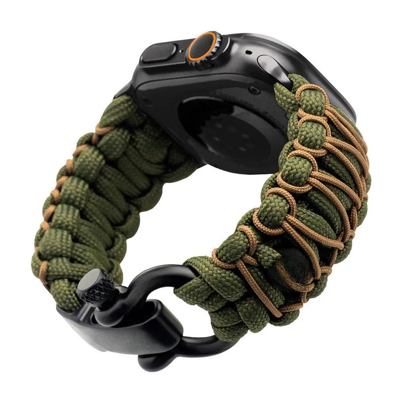 Bracelet Apple Watch en paracorde kaki et noir, tressage technique, boucle en métal noir, modèle Bakari.