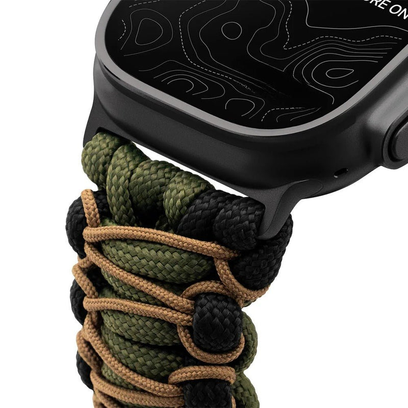 Bracelet Apple Watch paracorde vert kaki et noir ajustable modèle Bakari, style robuste et technique.
