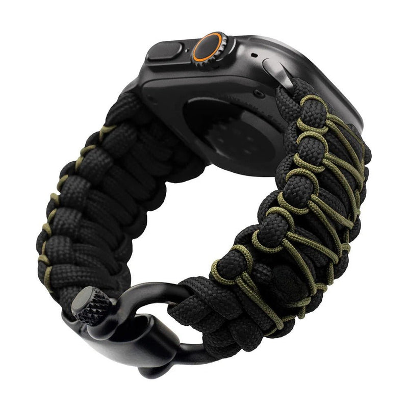Bracelet en paracorde noir avec cordons kaki, boucle noire, pour Apple Watch côtés 38-42 mm.