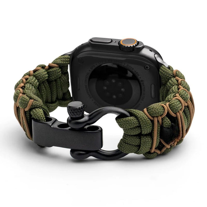 Bracelet paracorde kaki et noir tressé, boucle métallique noire, ajustable pour Apple Watch.