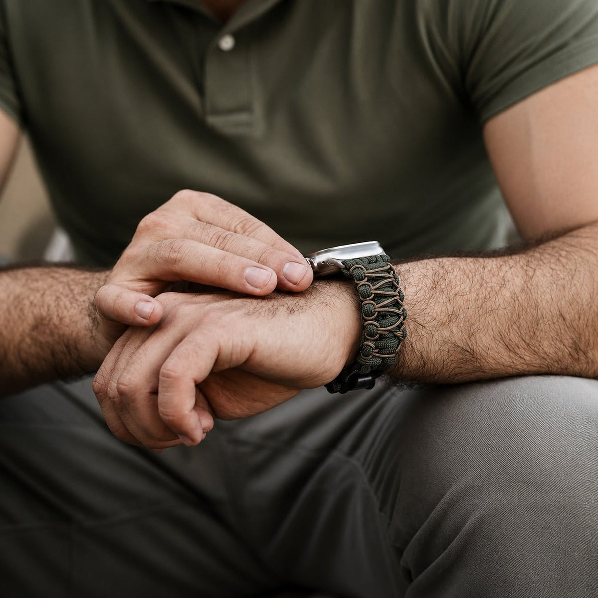 Geflochtenes Paracord-Armband, Schäkelverschluss aus Stahl, für Apple Watch, Modell Bakari