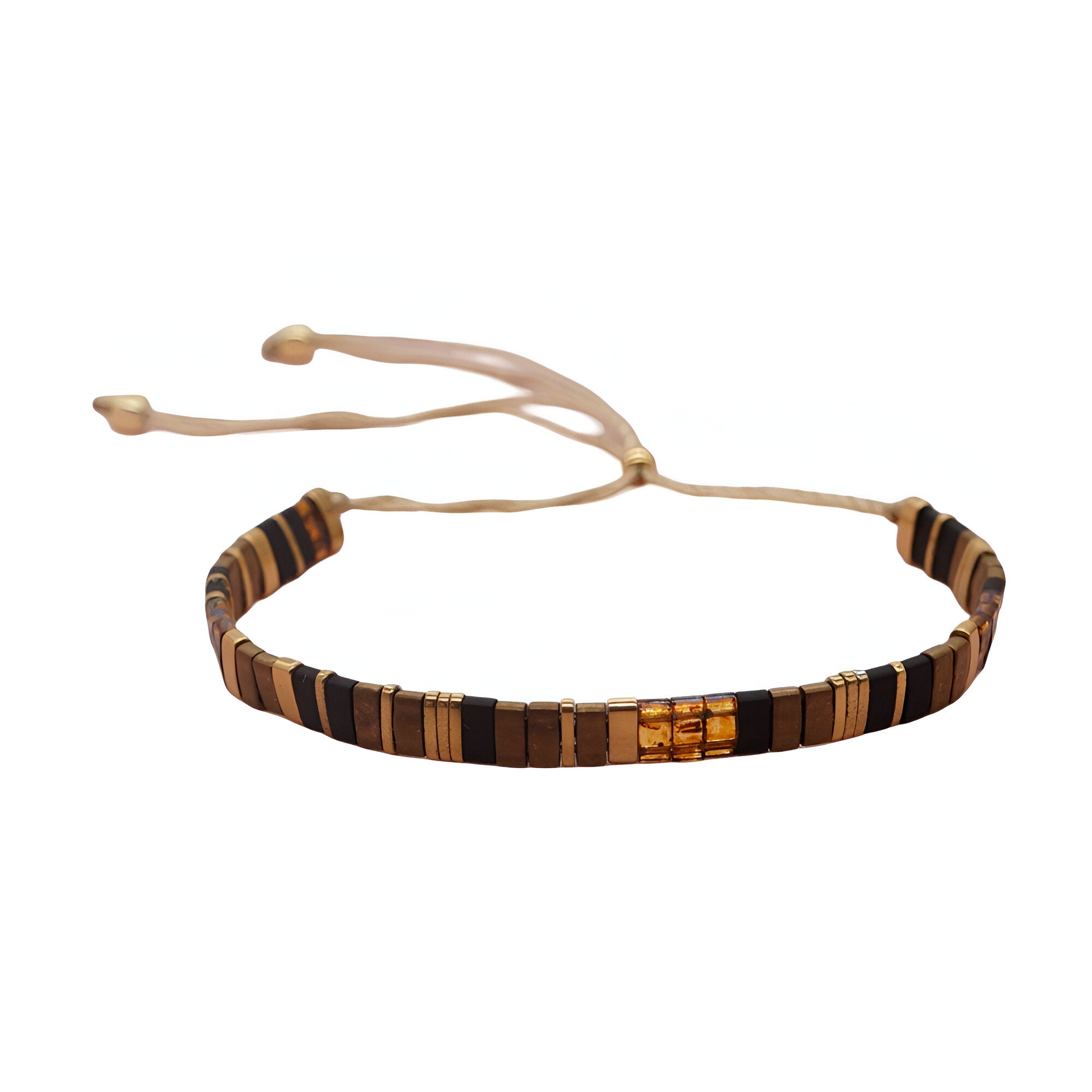 Bracelet ajustable femme perles plates japonaises brunes et dorées style tissé.