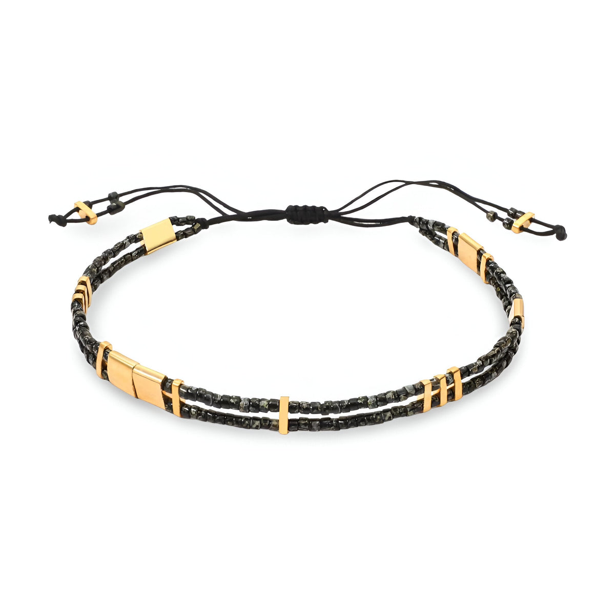 Bracelet ajustable double-rangs en perles noires et dorées avec fermoir coulissant noir.