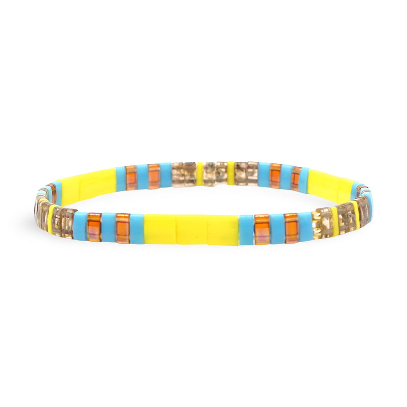 Bracelet femme en perles japonaises multicolores jaunes, orange et dorées, style Akira.