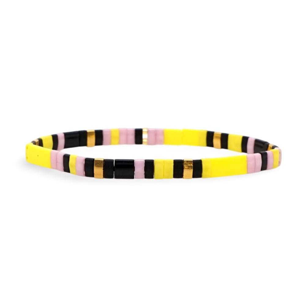 Bracelet fin en perles multicolores jaune, rose, noir et beige style Satsuki.
