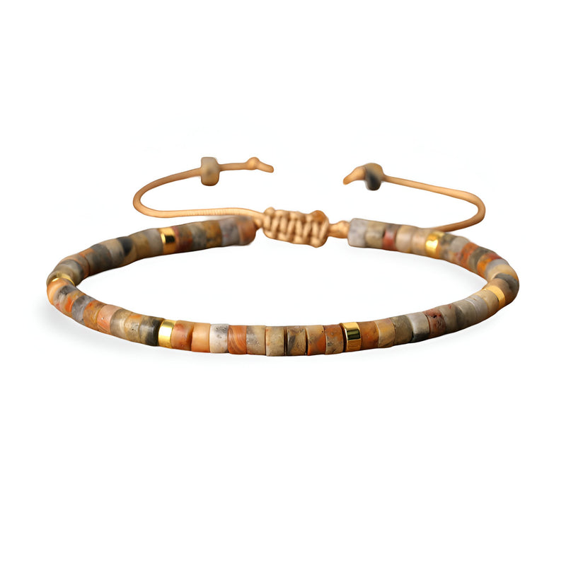 Bracelet mixte en perles heishi multicolores en agate avec fermoir coulissant en corde beige.