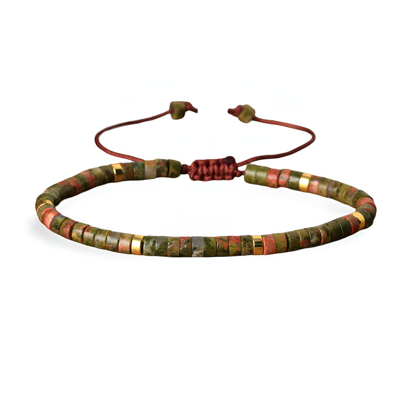 Bracelet mixte en perles heishi unakite vertes avec fermeture coulissante rouge bordeaux.