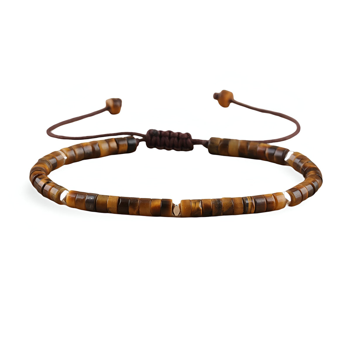 Bracelet mixte en perles heishi marron et œil de tigre avec cordon ajustable en macramé.