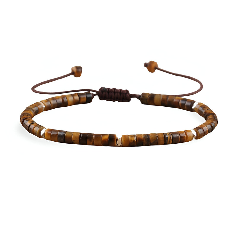 Bracelet mixte en perles heishi marron et œil de tigre avec cordon ajustable en macramé.