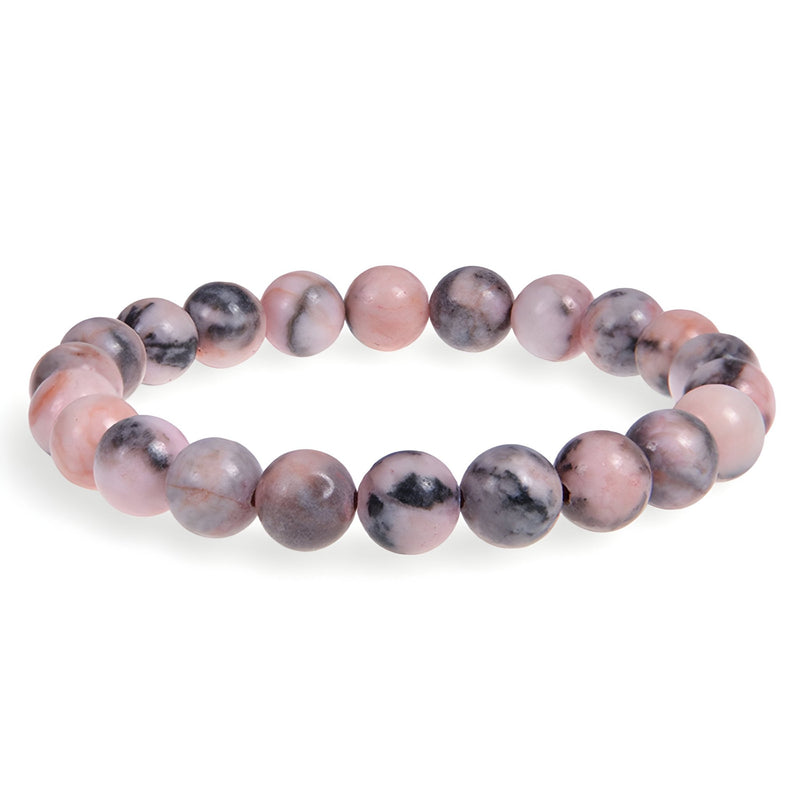 Bracelet élastique femme en perles rondes roses et noires, modèle Maia en jaspe zébré.
