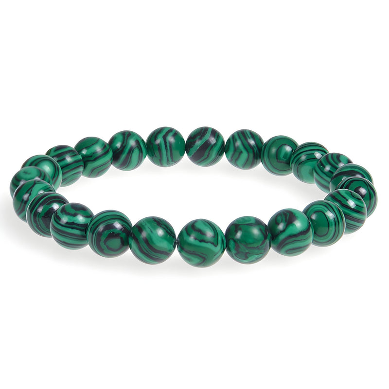 Bracelet en perles rondes de malachite verte aux motifs naturels rayés, finition brillante.