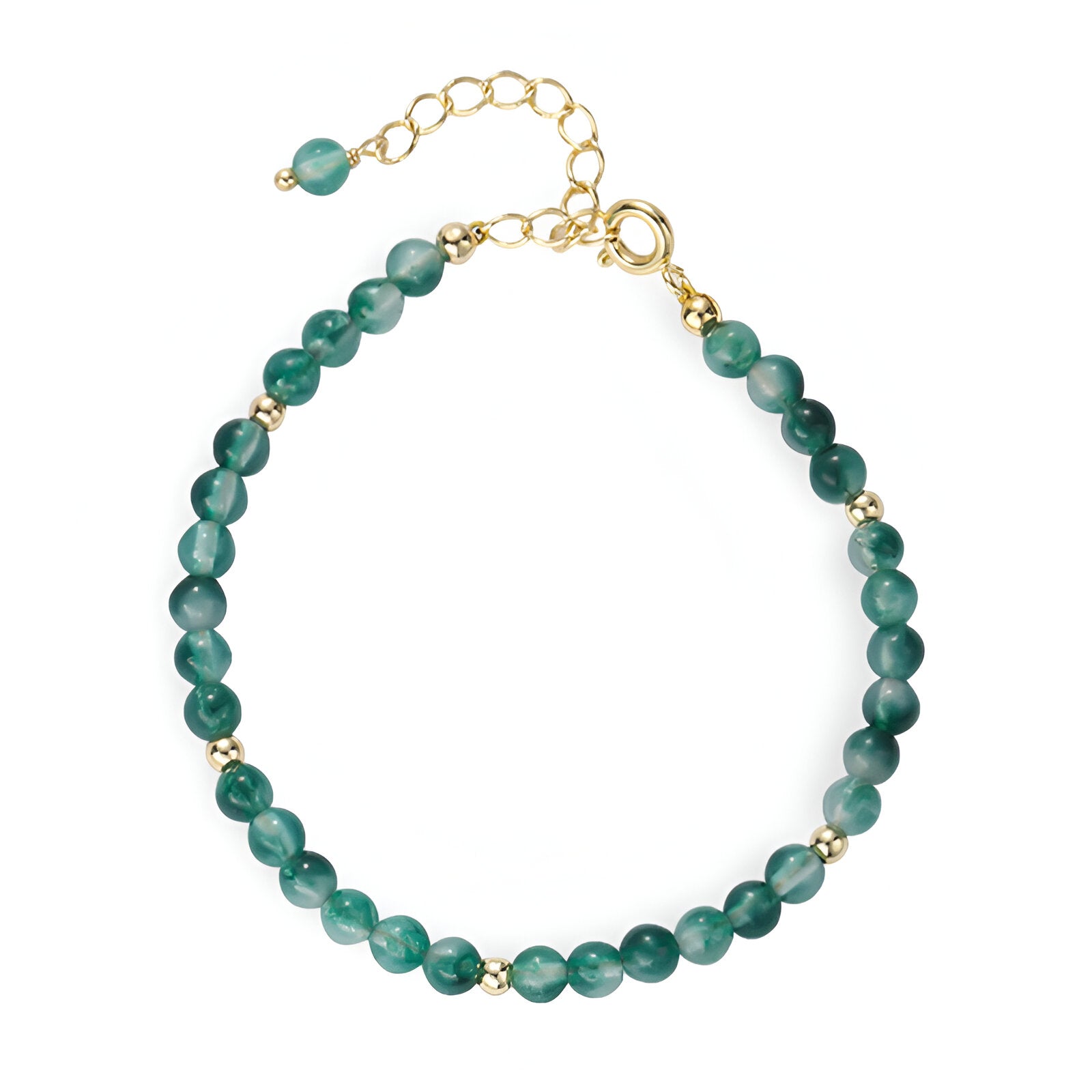 Bracelet femme en pierres d'agate vertes rondes avec perles dorées et fermoir ajustable doré.
