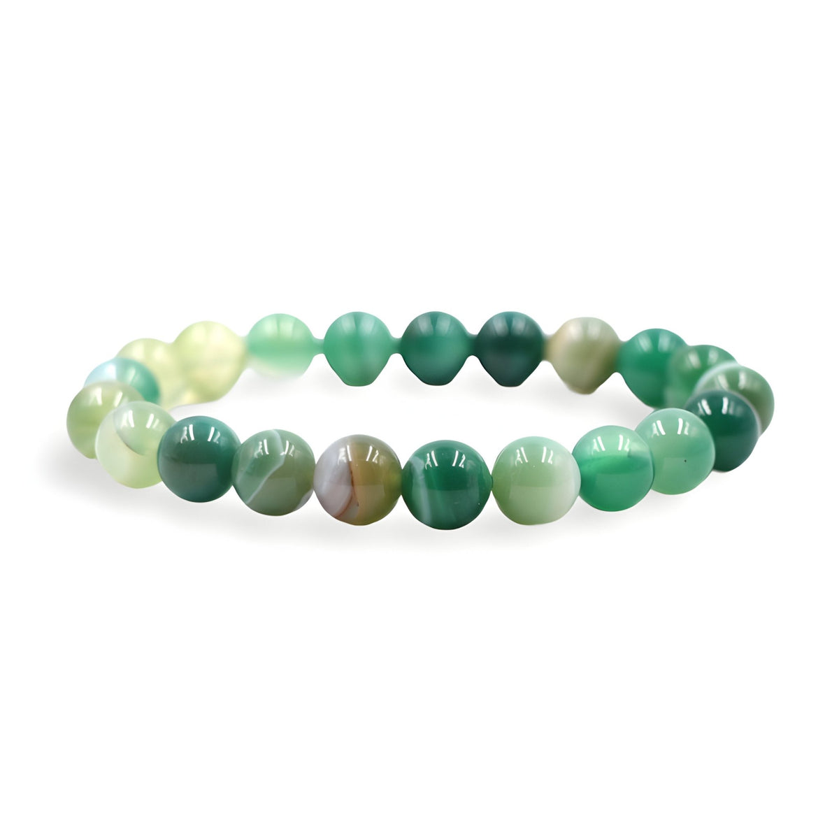 Bracelet mixte en perles d'agate vertes aux nuances dégradées et finition brillante.