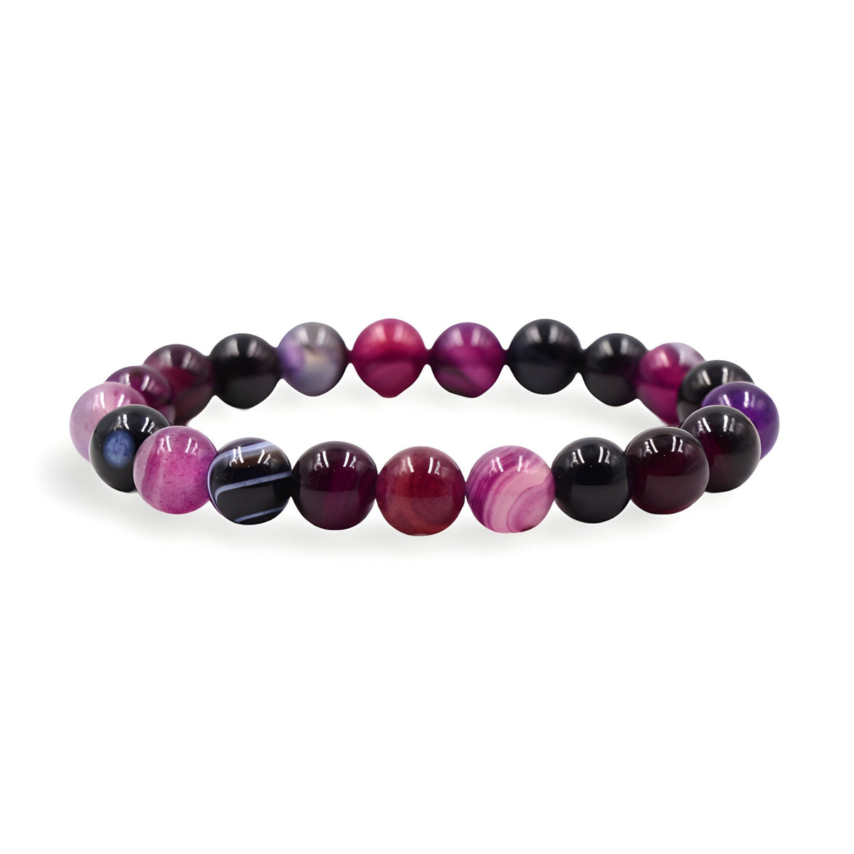Bracelet mixte en perles d'agate rondes violettes, roses, noires et bordeaux, finition brillante.