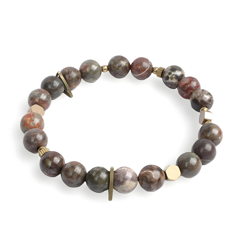 Bracelet mixte en jaspe rouge naturel avec perles rondes et détails en métal doré.