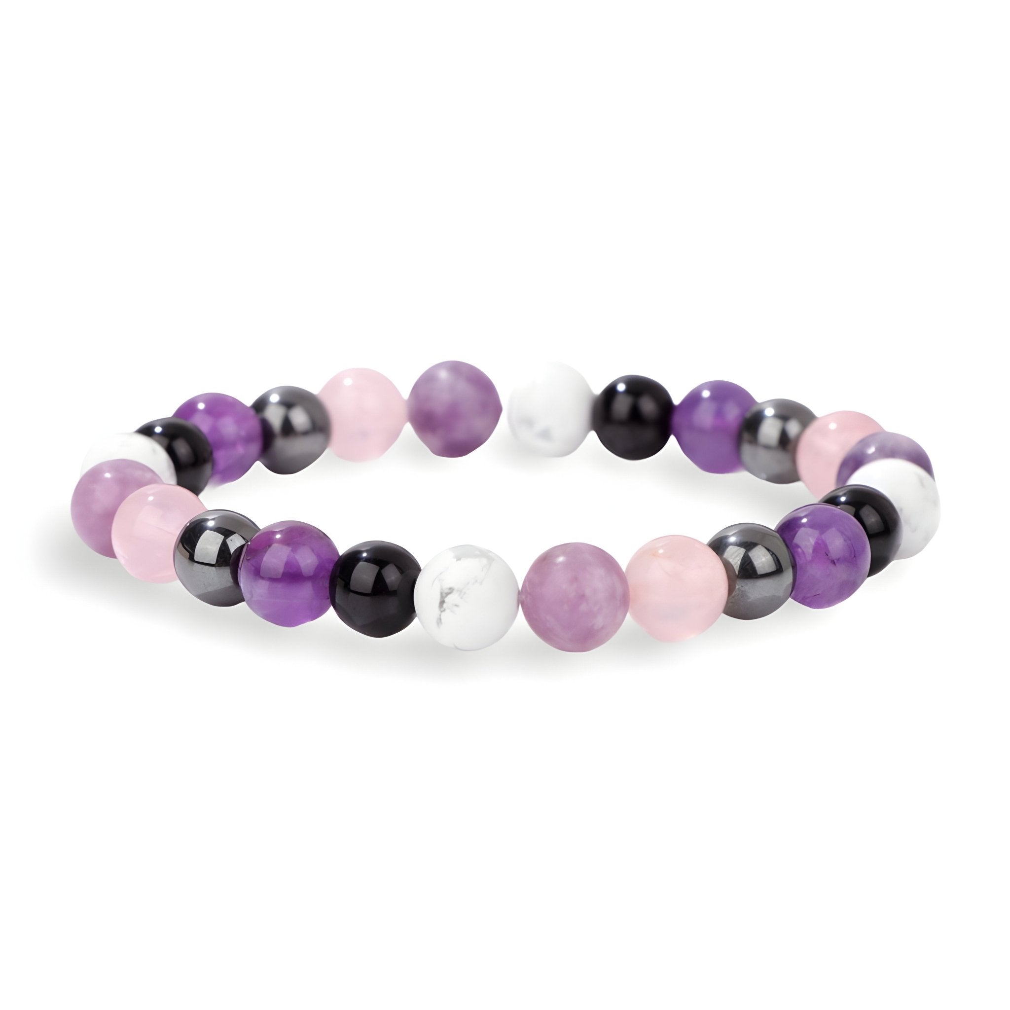 Bracelet élastique perles rondes violettes, roses, blanches et noires en pierres naturelles.