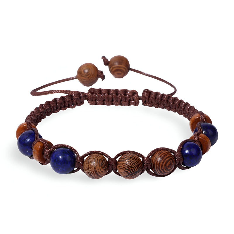 Bracelet mixte en pierres naturelles lapis-lazuli et perles en bois, cordon marron tressé ajustable.