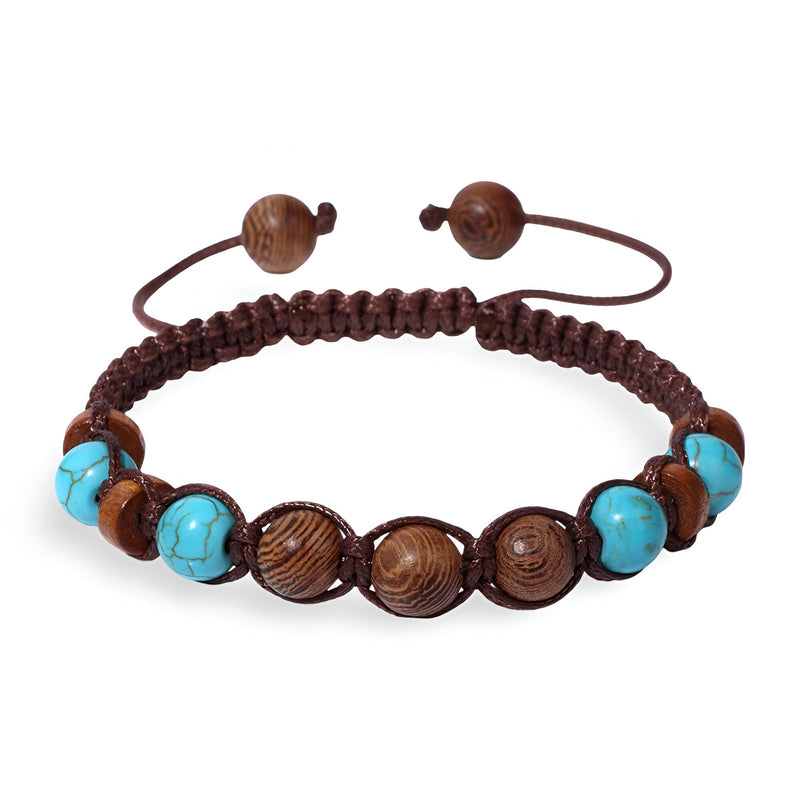 Bracelet mixte en pierres turquoise et perles bois foncé avec cordon tressé marron.