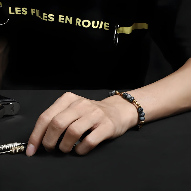 Bracelet mixte en pierres naturelles œil de tigre et cuivre, perles lisses et rondes, style élégant.