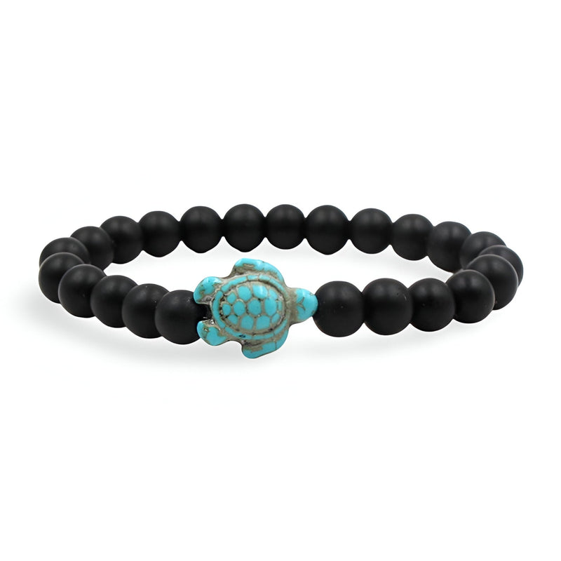 Bracelet mixte en perles noires matte avec tortue turquoise centrale en pierre naturelle.