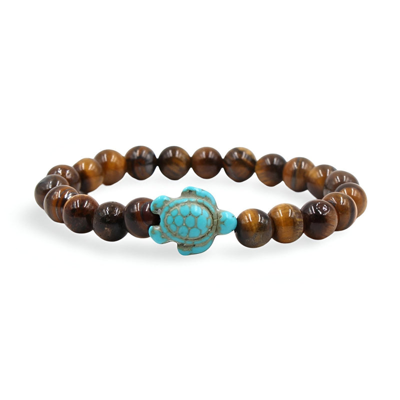Bracelet mixte en pierres naturelles œil de tigre avec tortue turquoise sculptée centrale.