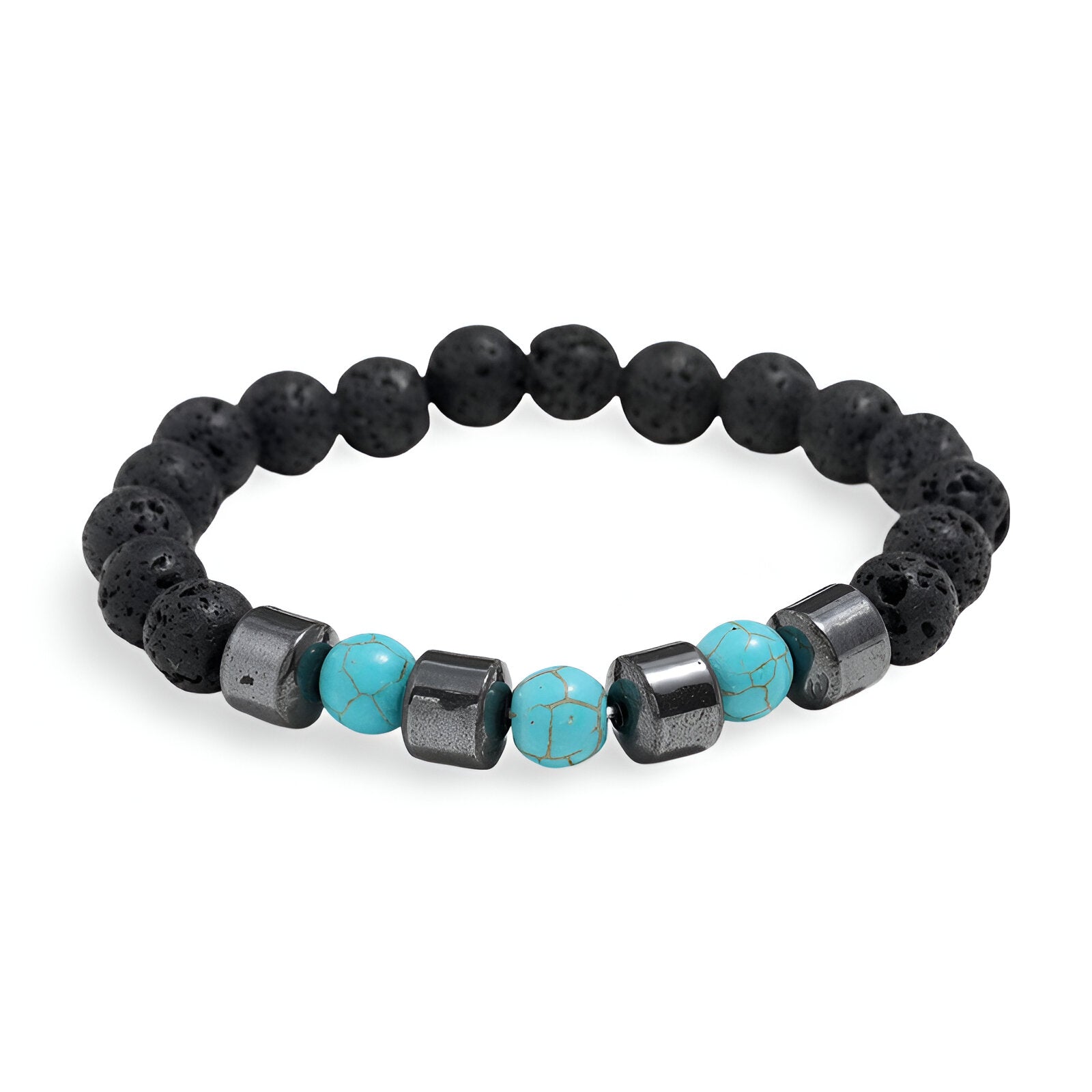 Bracelet homme perles rondes en pierre volcanique noire et turquoises bleues avec cubes noirs.