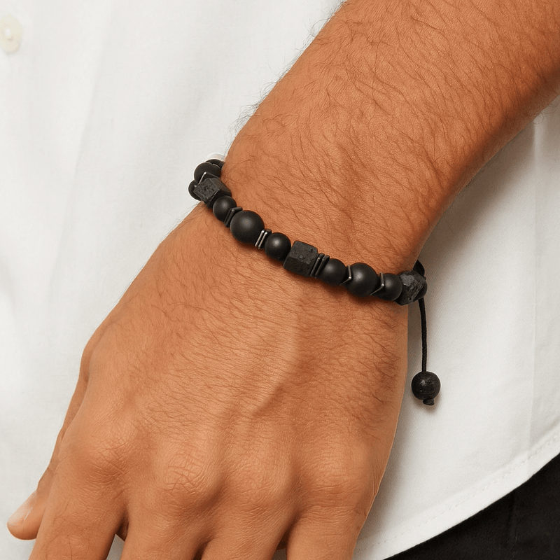Pulsera de piedras volcánicas con cuentas negras, ajustable, para hombre, modelo Tory