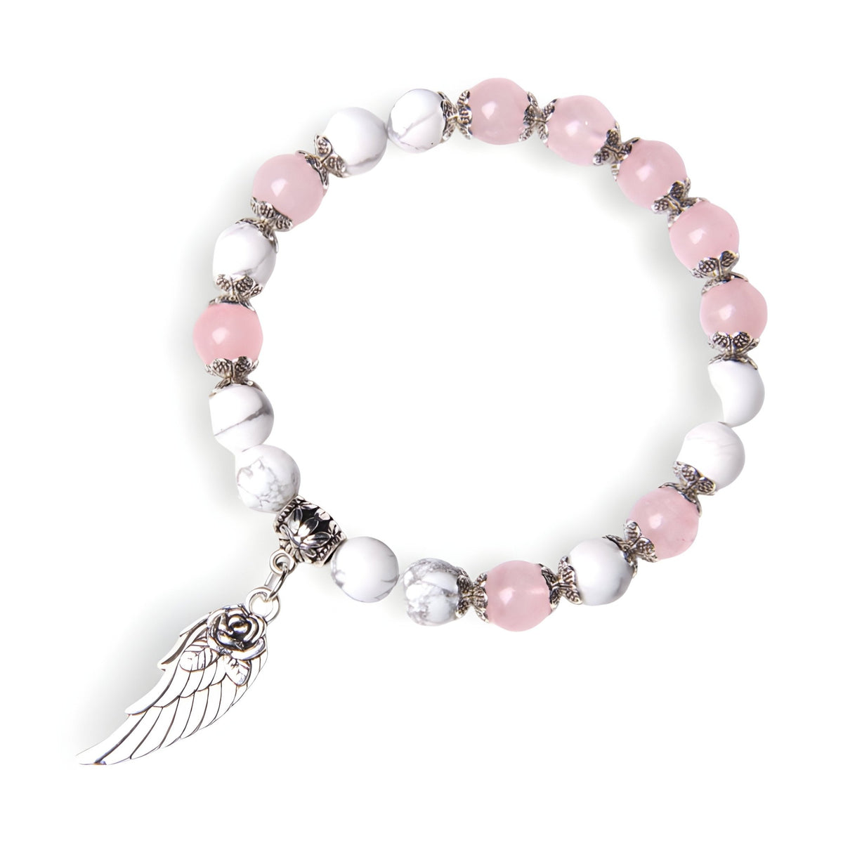 Bracelet mixte en pierres naturelles roses et blanches avec pendant plume argenté détaillé.