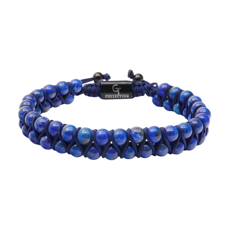 Bracelet double rang en pierres naturelles de lapis lazuli bleu avec cordon noir réglable.