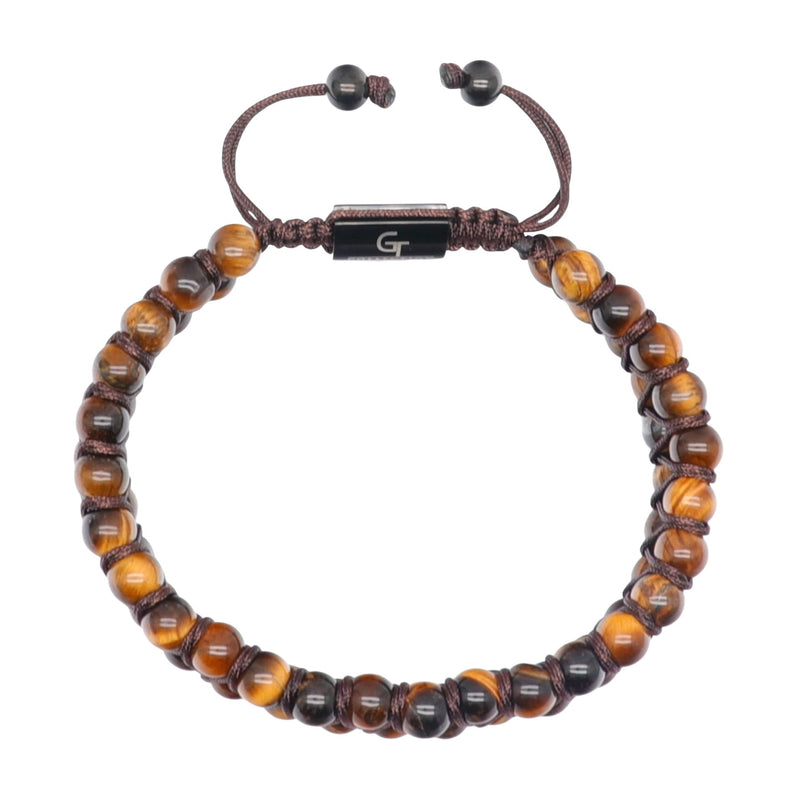 Bracelet double rang en œil de tigre et perles noires, cordon ajustable marron, fermoir gravé G.