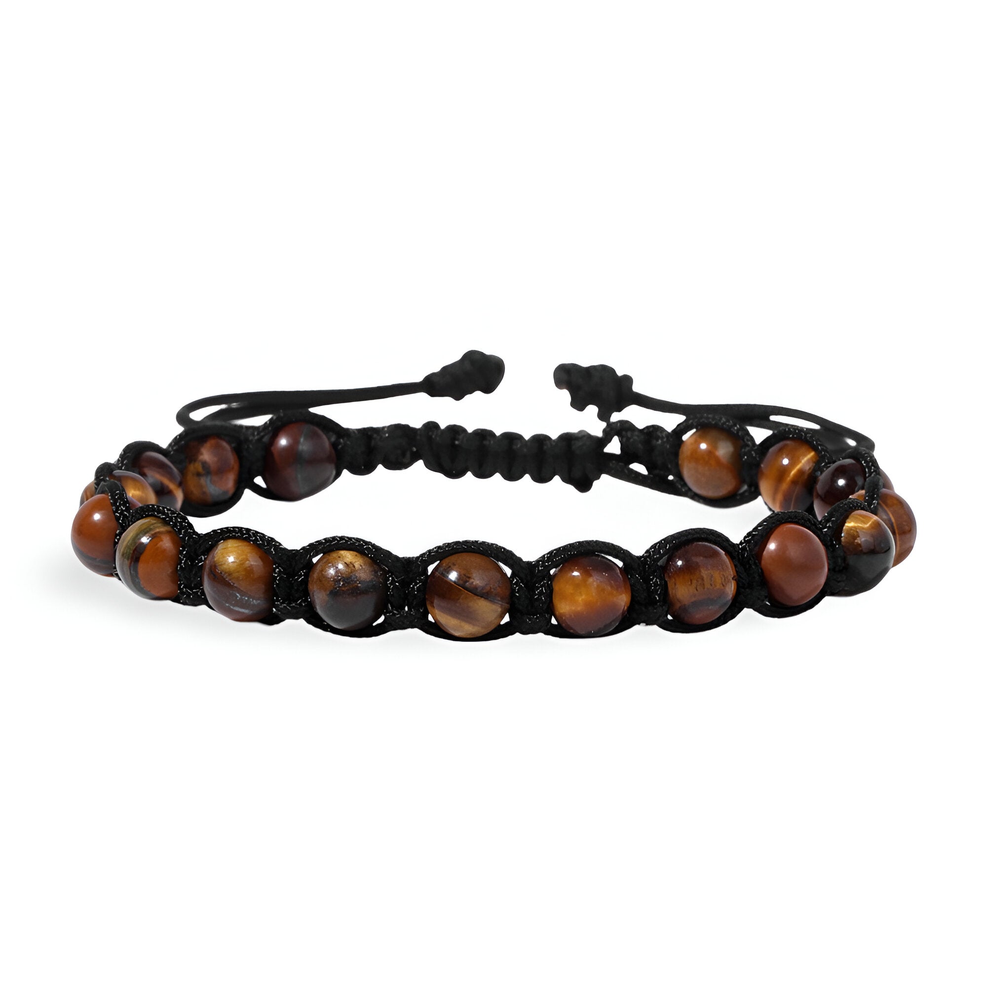 Bracelet mixte en oeil de tigre avec perles brun doré et corde noire tressée.