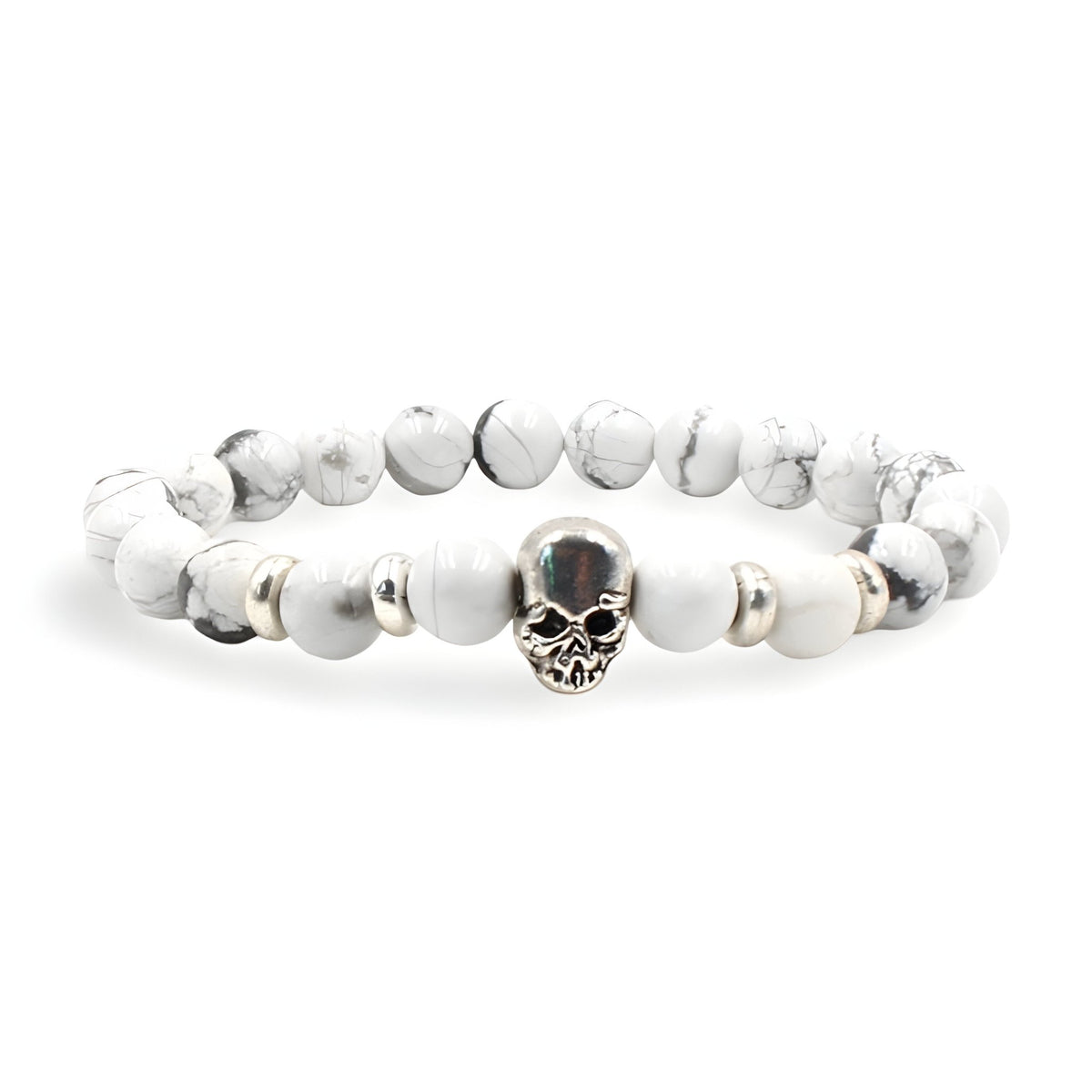 Bracelet pour homme en pierres blanches marbrées avec tête de mort métallique centrale argentée.