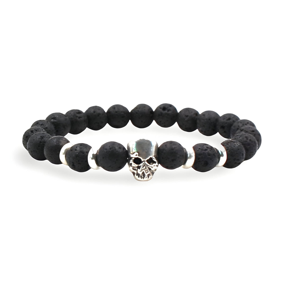 Bracelet homme en pierres volcaniques noires avec tête de mort argentée et séparateurs ronds argentés.