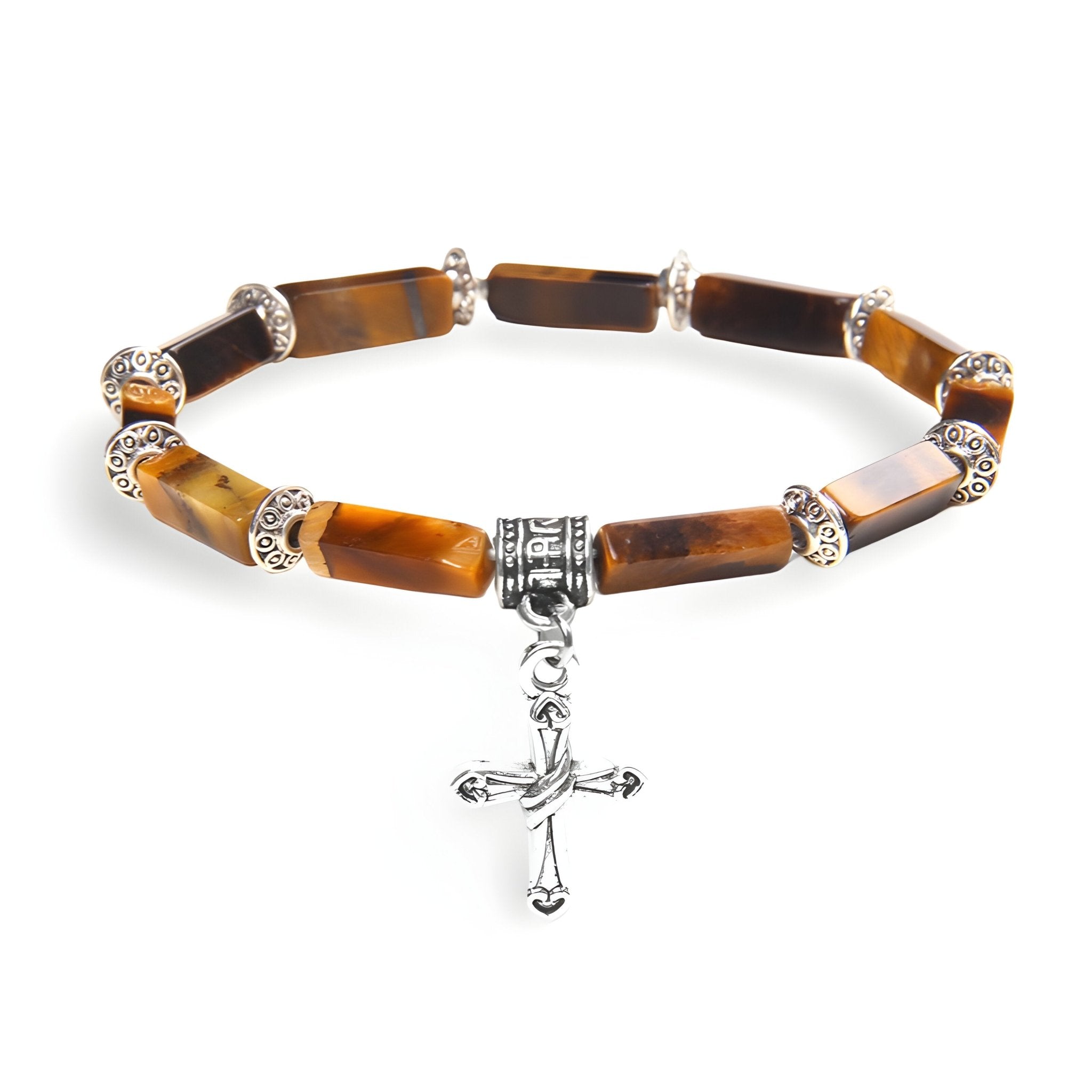 Bracelet homme en pierres naturelles œil de tigre rectangulaires avec charms croix argentée.