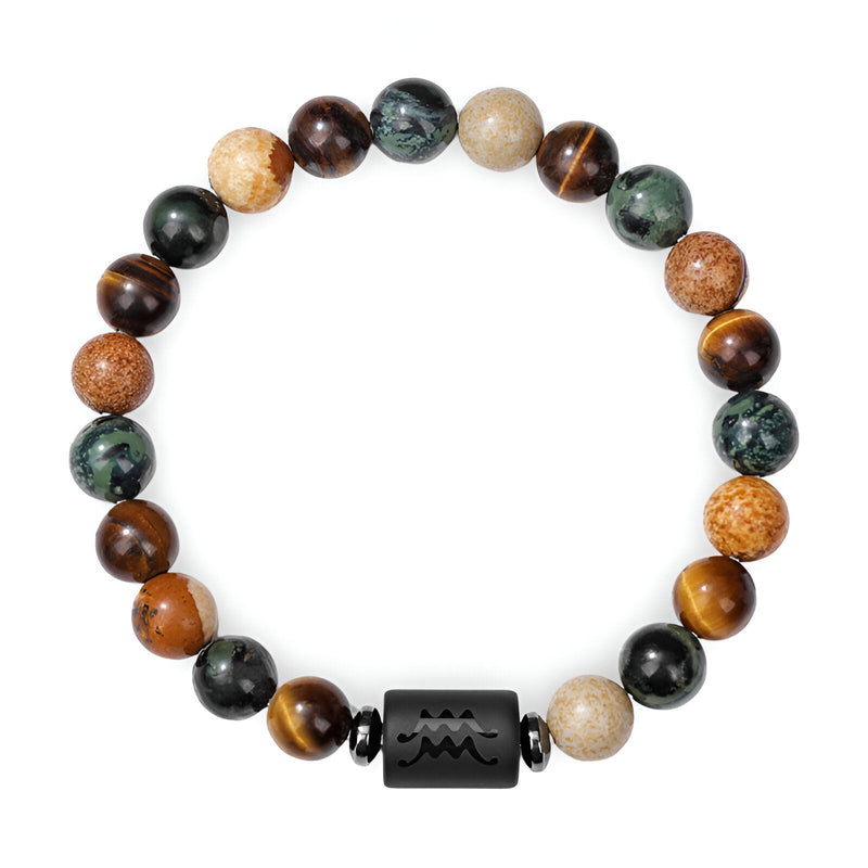 Bracelet mixte en perles naturelles multicolores avec pendentif noir gravé signe zodiacal Verseau.