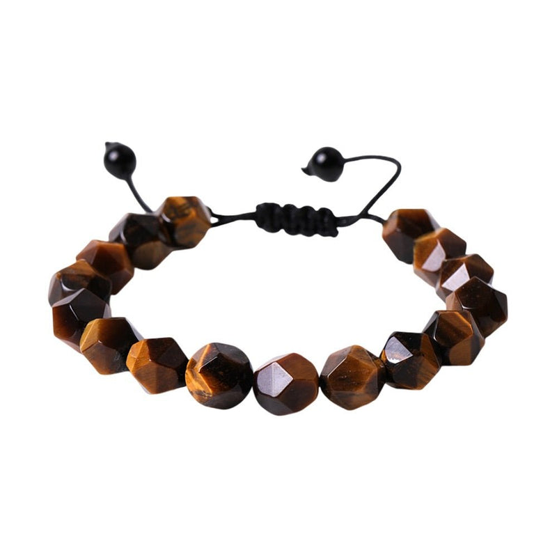 Bracelet en pierres naturelles d'œil de tigre taillées en perles facettées marron et noir avec cordon ajustable noir.