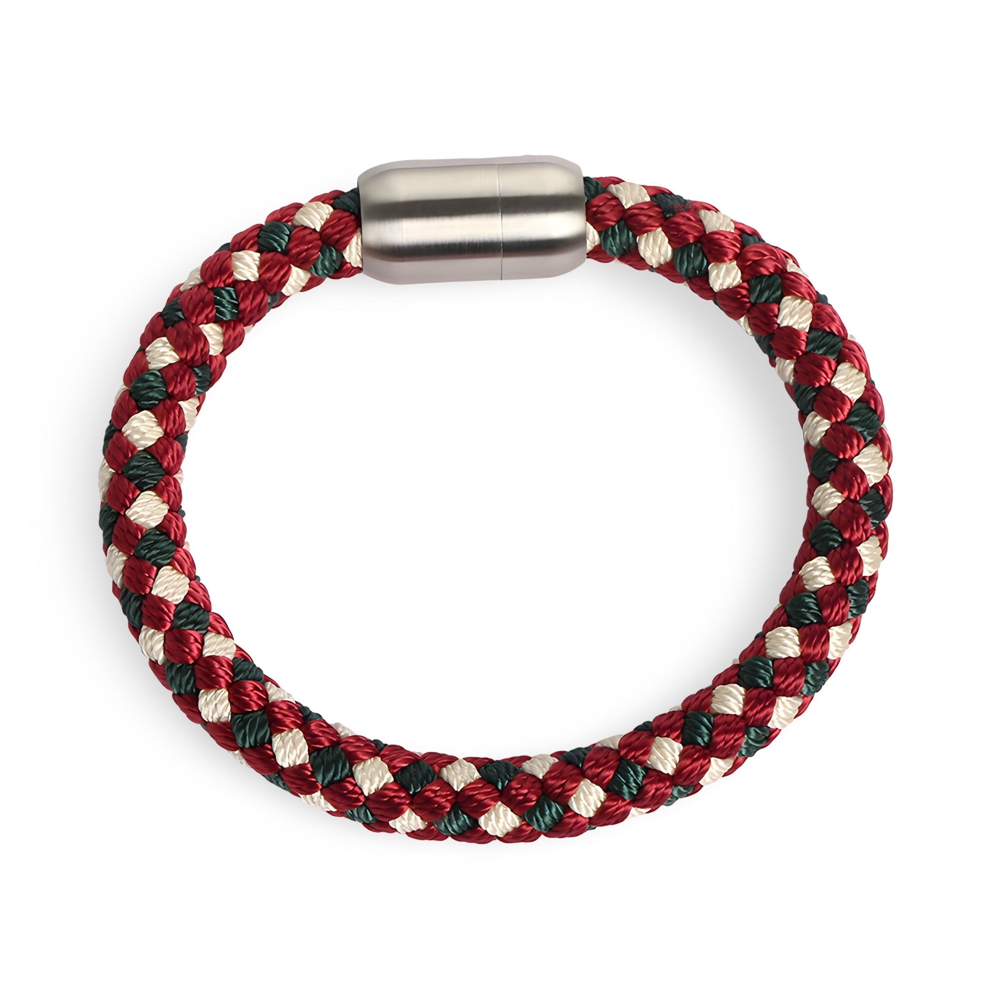 Bracelet tressé en polyester rouge, noir et blanc avec fermoir métallique argenté mat.