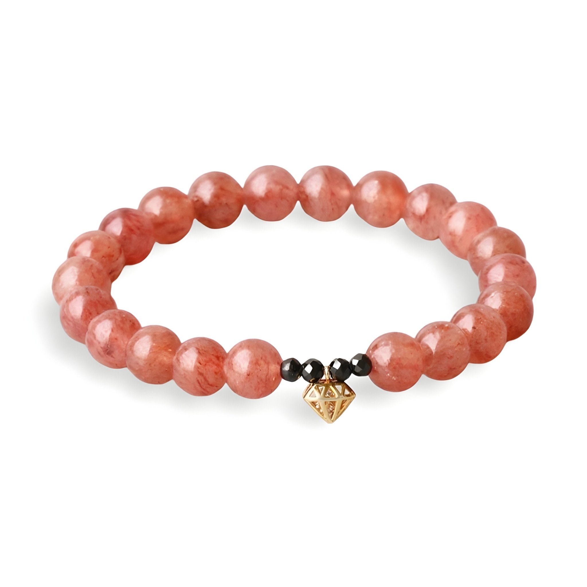 Bracelet perles quartz rose avec pendentif doré et perles noires pour femme.