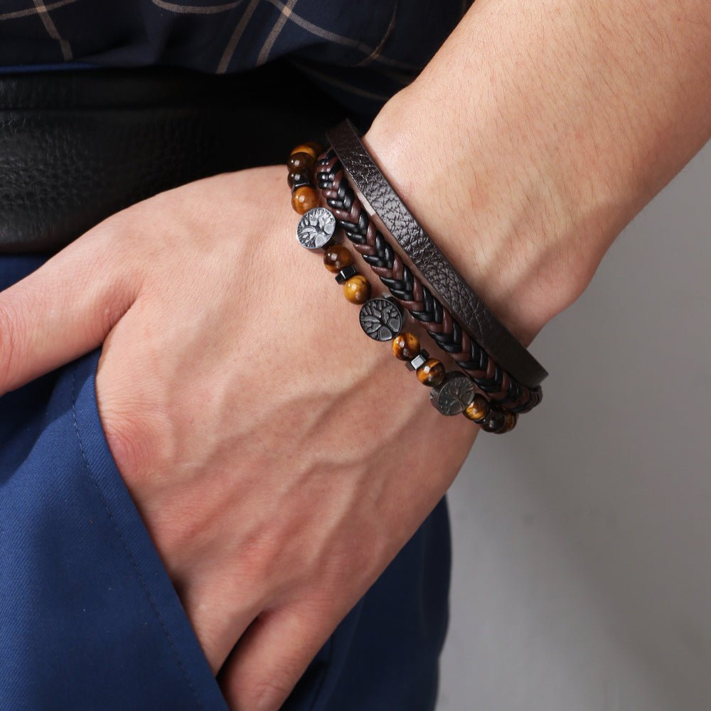 Bracelet multi-rangs pour homme en simili cuir marron, perles naturelles jaunes et marron, breloque arbre de vie argentée.