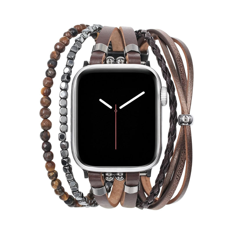 Bracciale in similpelle vegana per Apple Watch, maglie regolabili a clip, multi-filo con pietre naturali, occhio di tigre o onice, accessorio da polso elegante, modello Bazin