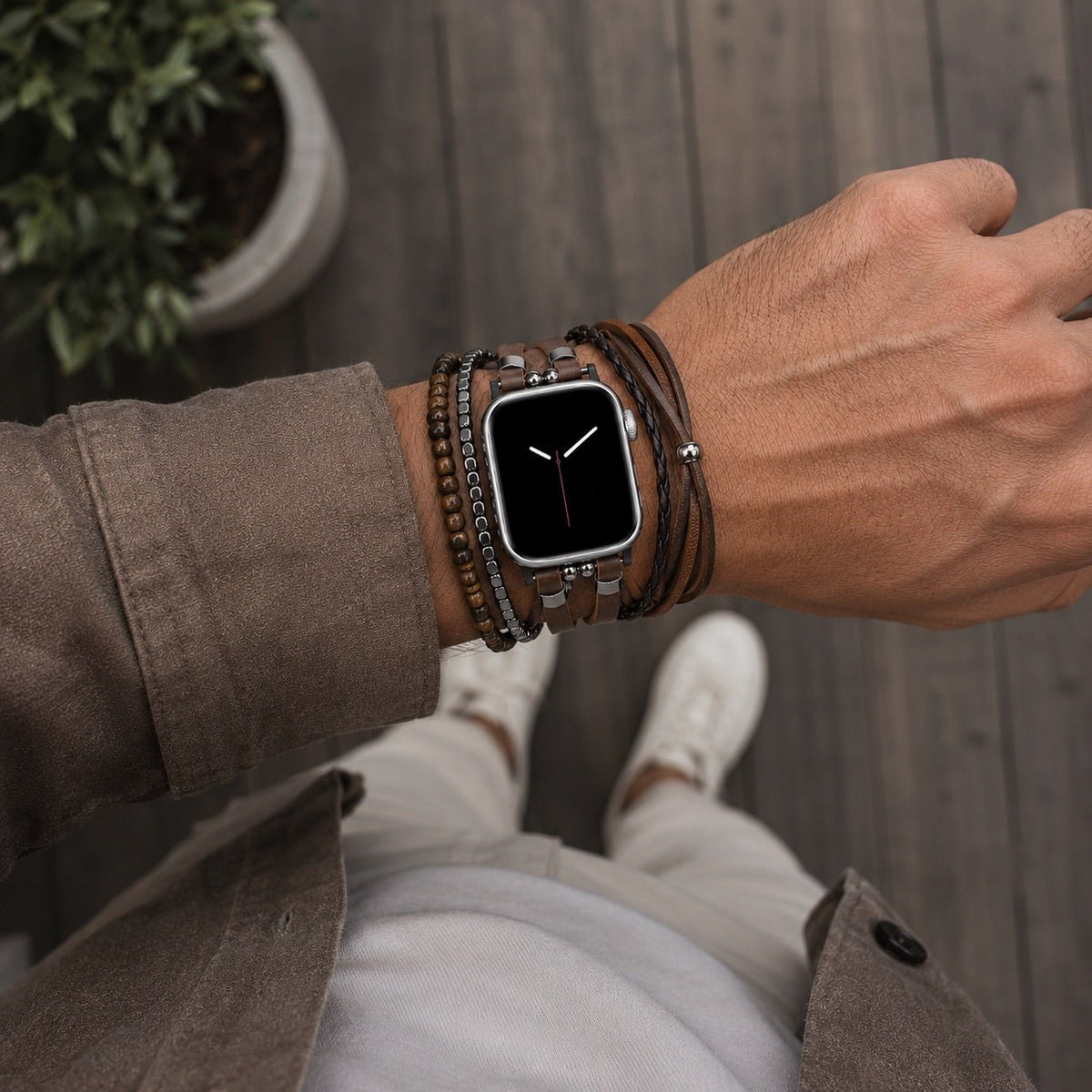 Bracelet en simili vegan pour Apple Watch, maillons ajustables à clipser, multi-rangs en pierres naturelles, oeil de tigre ou onyx, accessoire de poignet élégant, modèle Bazin