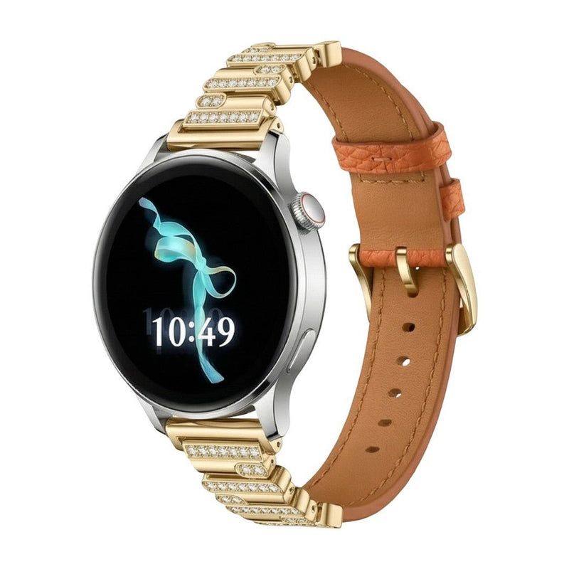 Bracelet doré en simili cuir vegan avec strass, compatible montre connectée, intérieur marron clair.