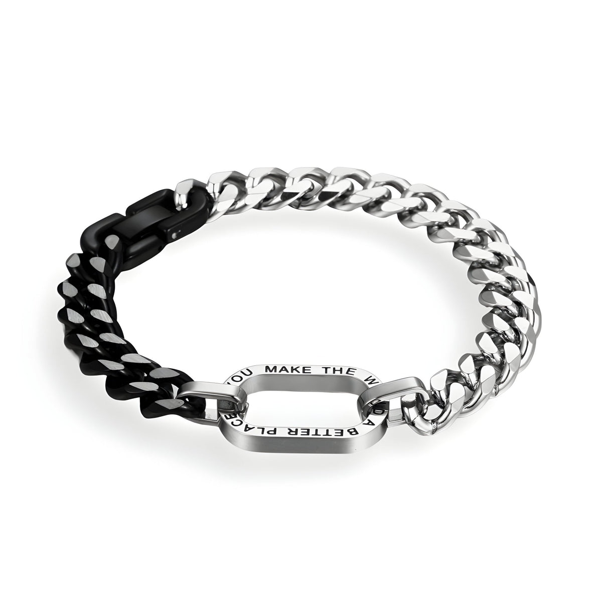 Bracelet en titane bi-colore argent et noir avec maillons larges et plaque gravée message bienveillant.